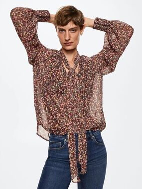 Mango Brown Floral Tie-Neck Sheer Blouse